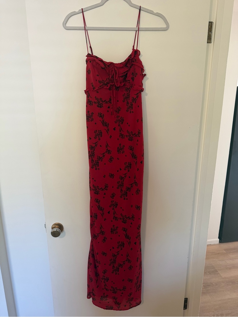 wild fable Red Floral Slip Maxi Dress with Ruffle Trim- Wedding Guest Dress